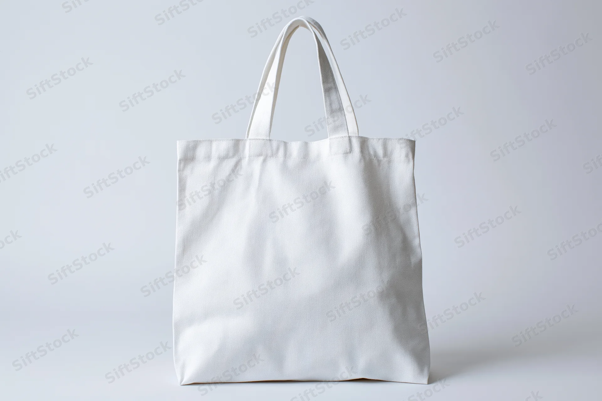 Plain white canvas tote bag standing upright on a white surface