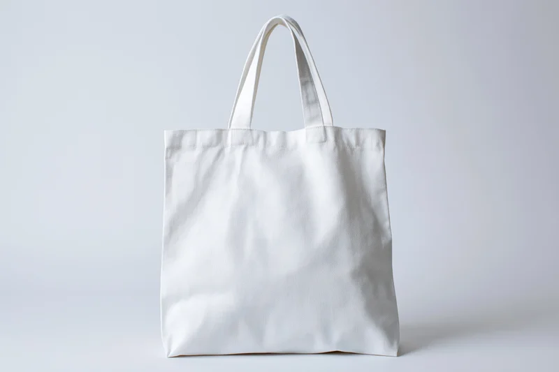 Plain white canvas tote bag standing upright on a white surface