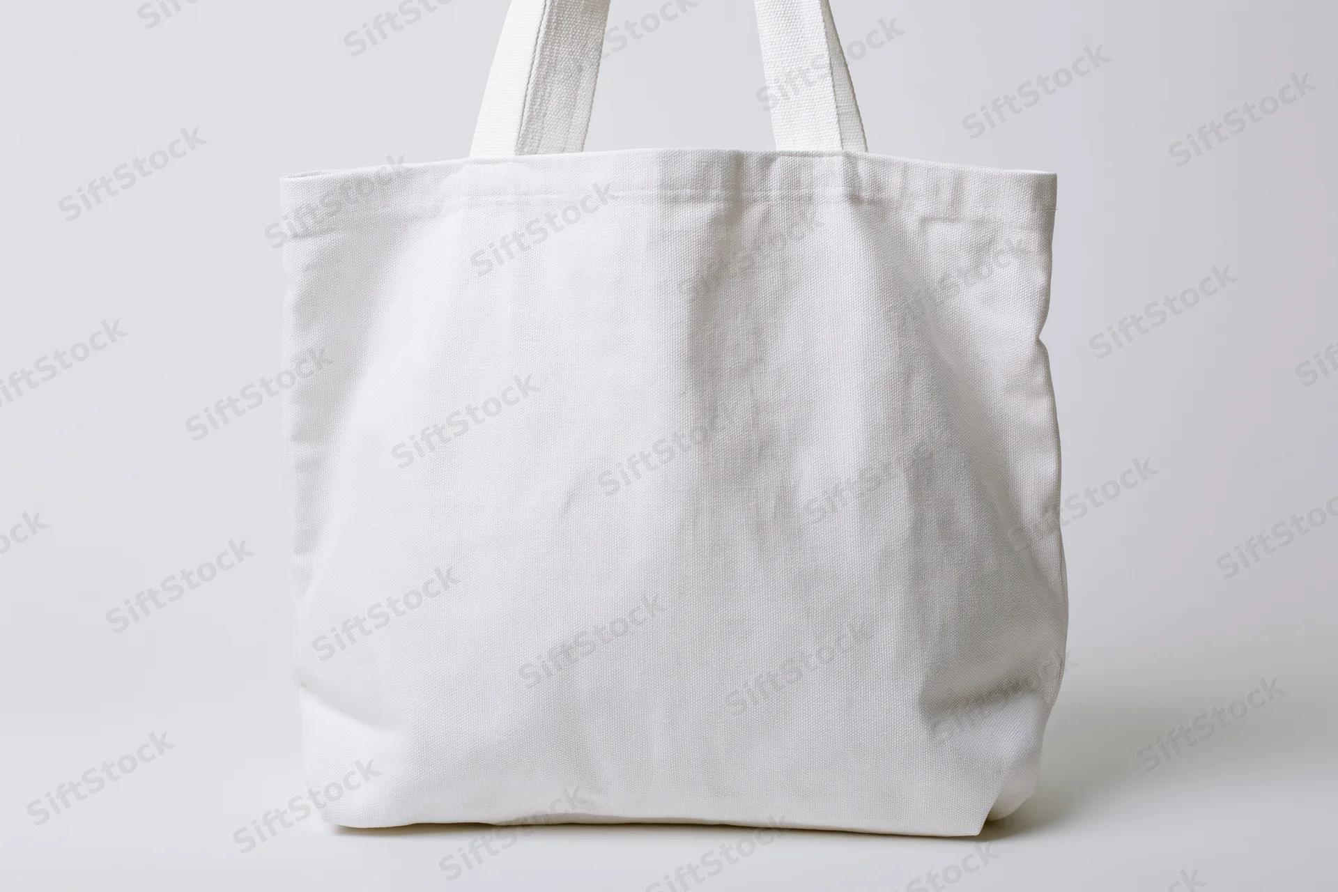 Plain white canvas tote bag with short handles on white background