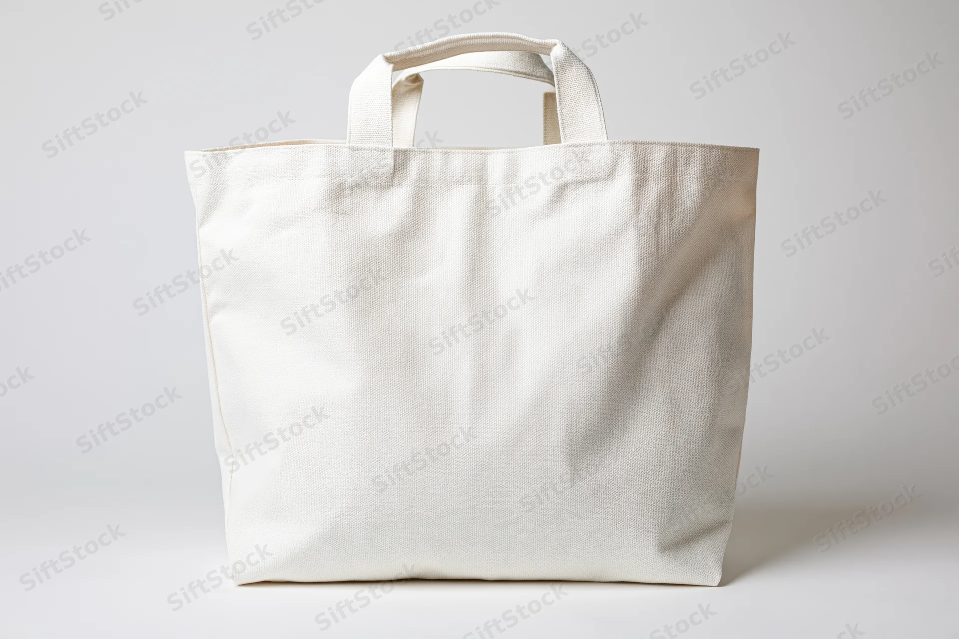 Plain white canvas tote bag with short handles on white background