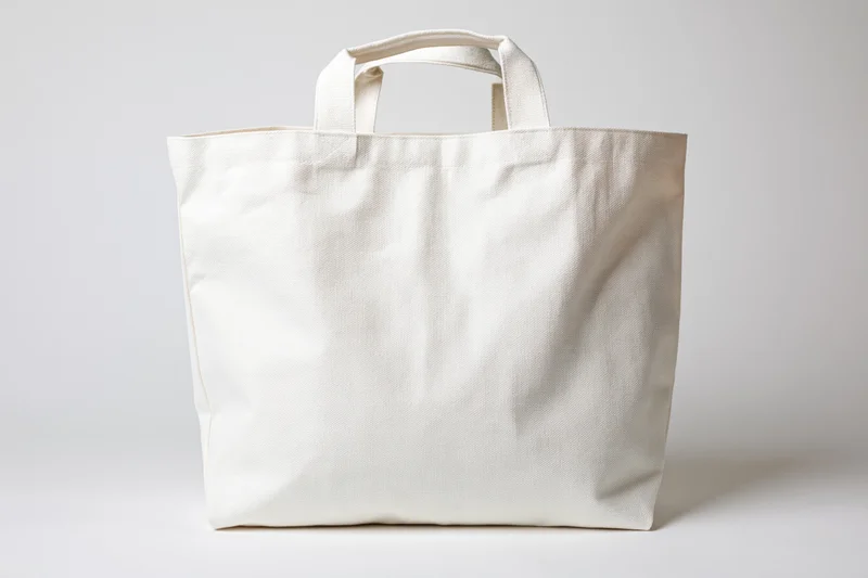 Plain white canvas tote bag with short handles on white background