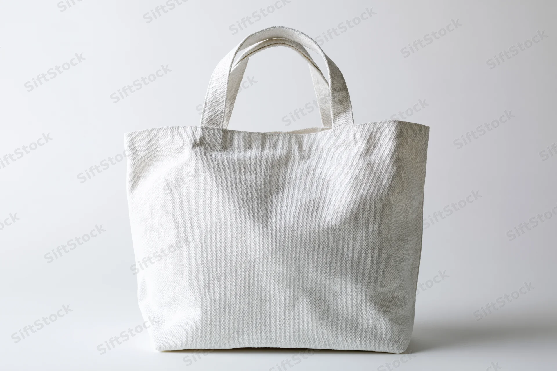 Plain white canvas tote bag with short handles on white background