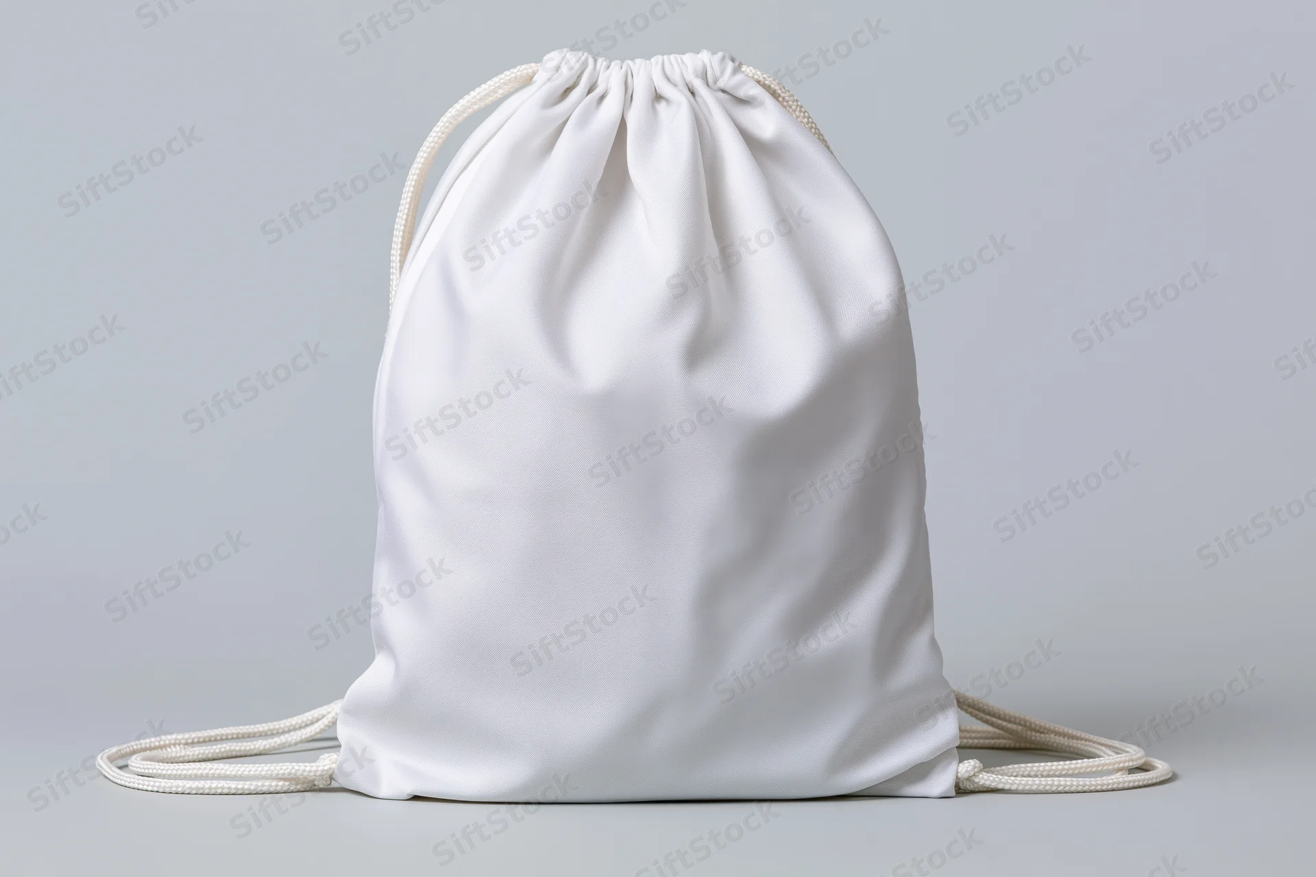 Plain white drawstring backpack standing upright on a neutral background