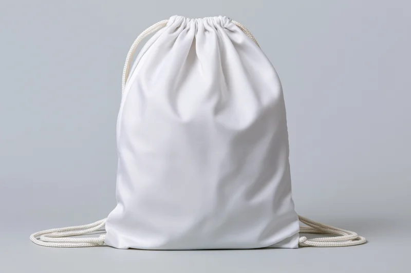 Plain white drawstring backpack standing upright on a neutral background