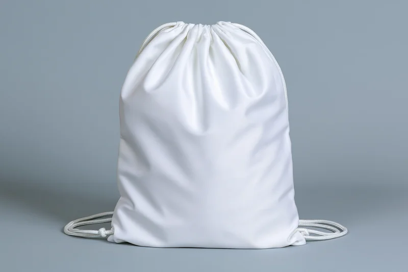 White drawstring backpack standing upright on a neutral gray surface