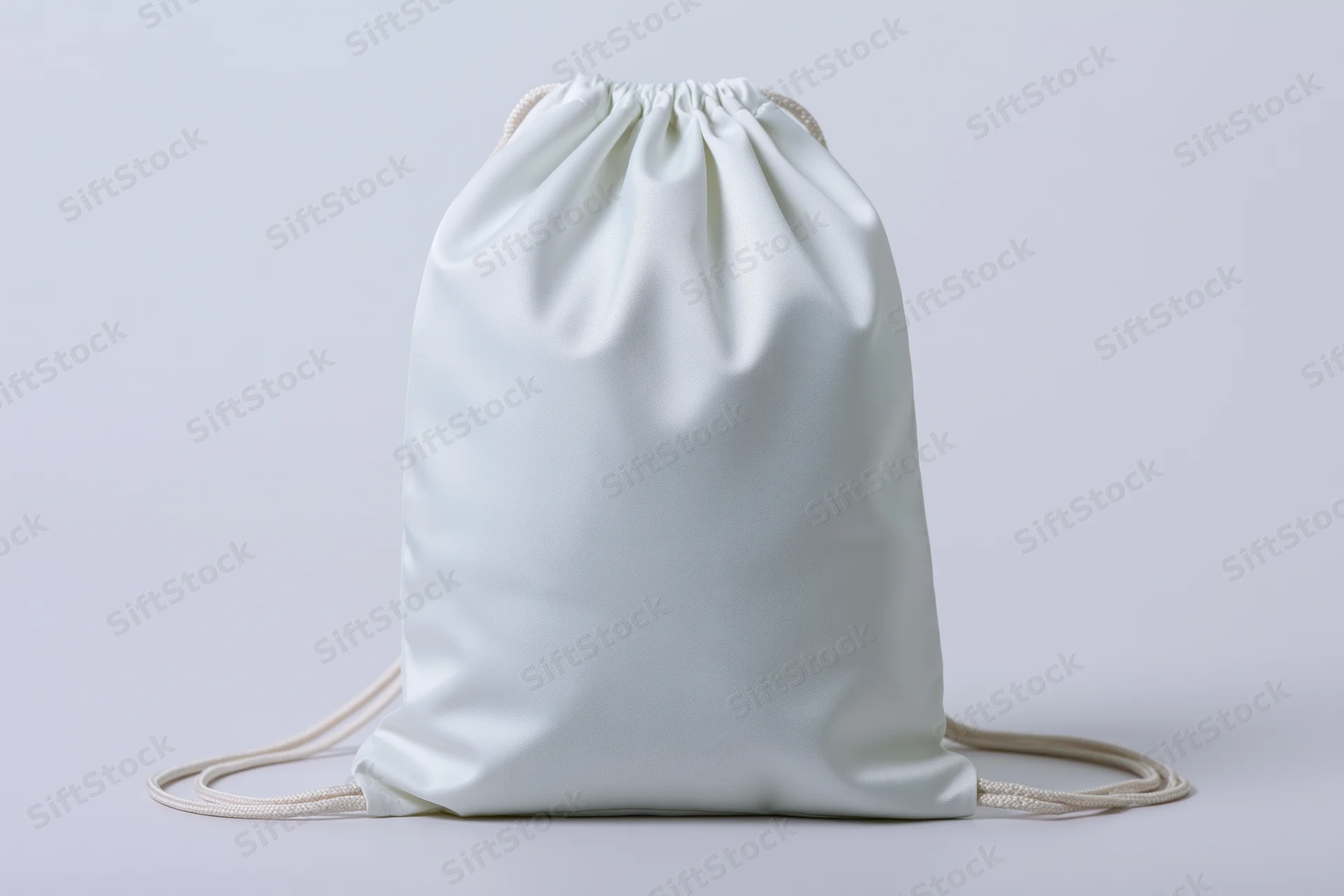 White drawstring backpack standing upright on plain background