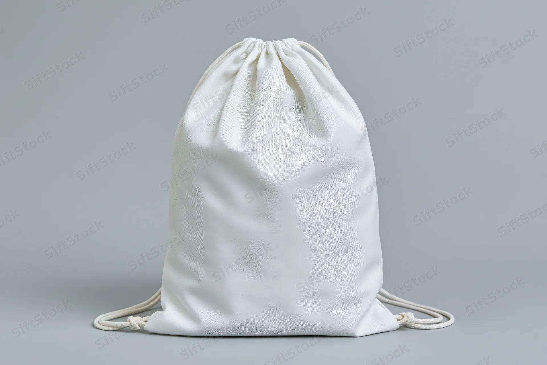 White drawstring backpack standing upright on a gray surface