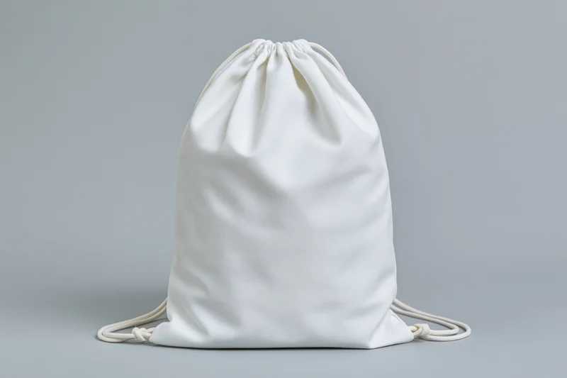 White drawstring backpack standing upright on a gray surface