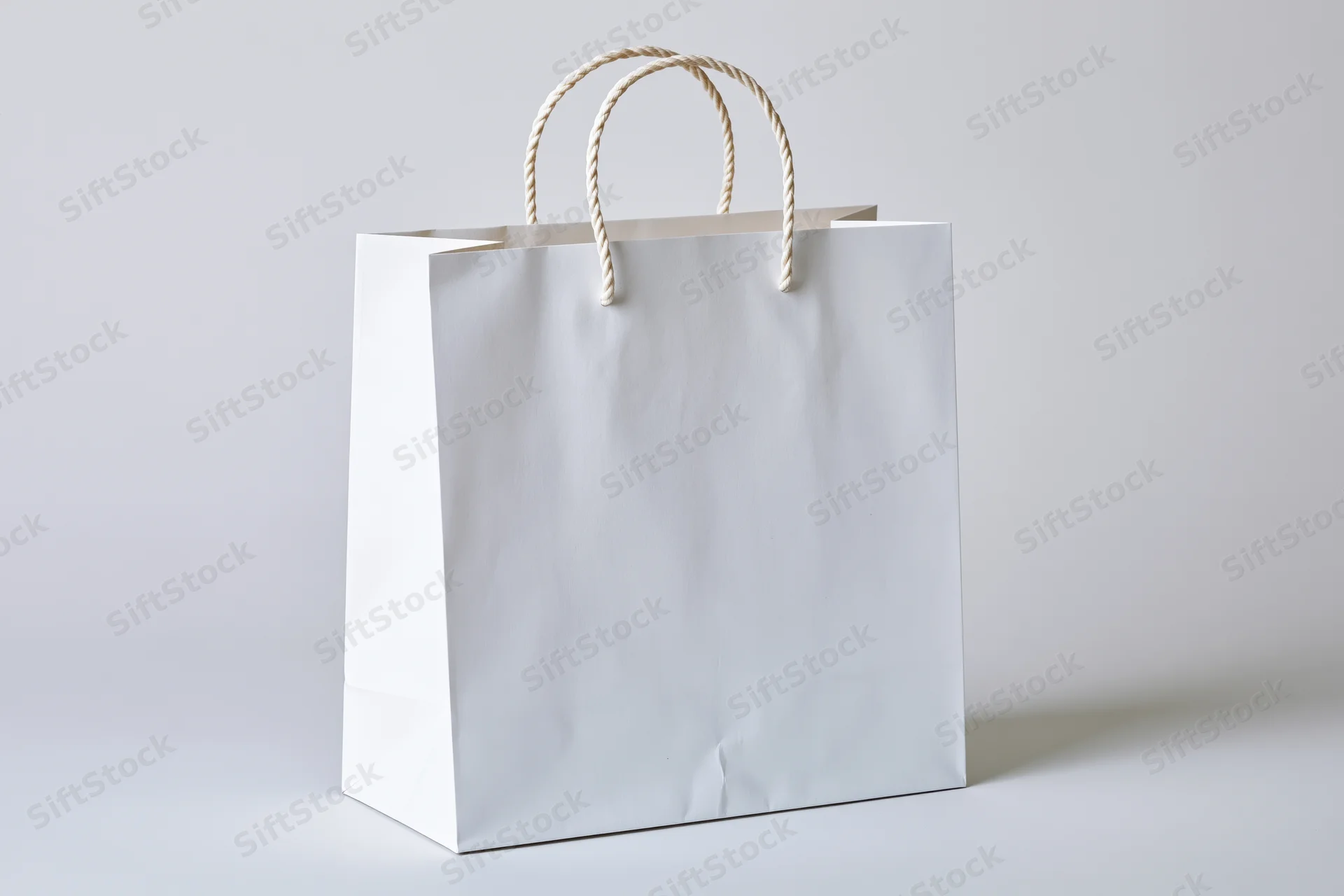 White paper shopping bag with twisted rope handle on plain background