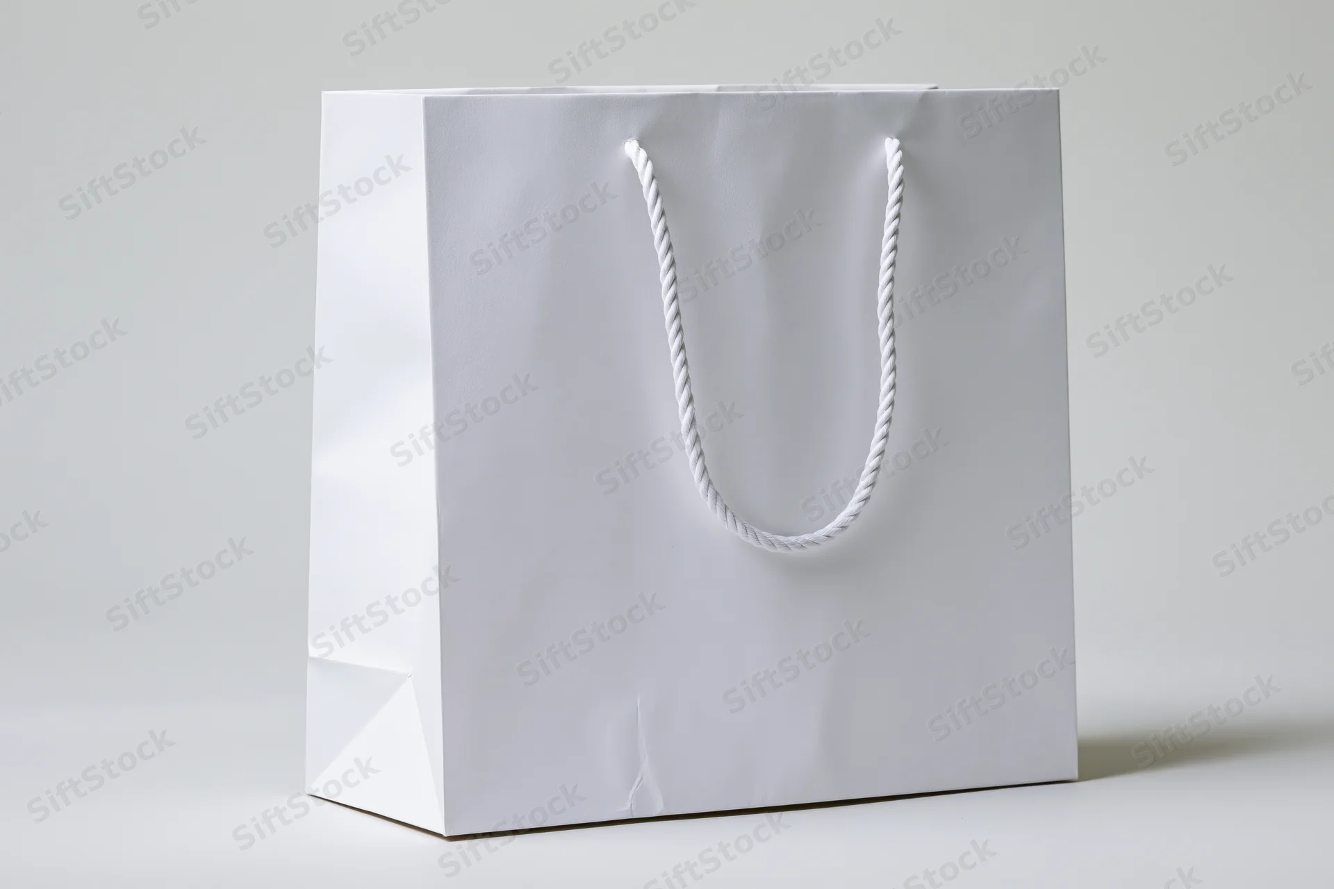 Plain white paper shopping bag with twisted rope handle on a neutral background