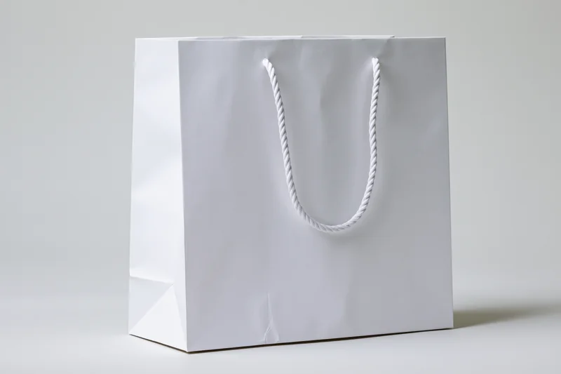 Plain white paper shopping bag with twisted rope handle on a neutral background
