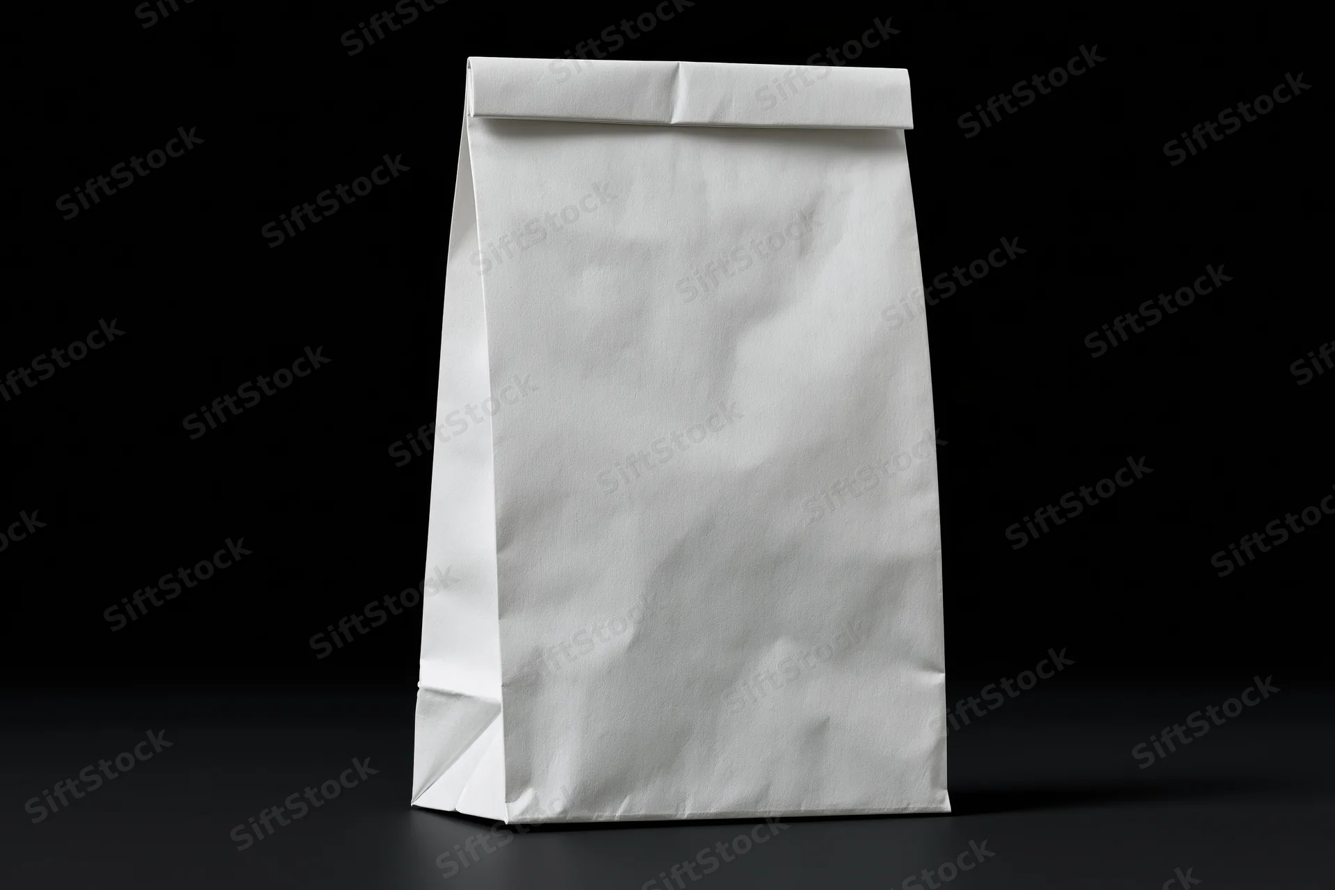 Plain white paper bag standing upright on black surface