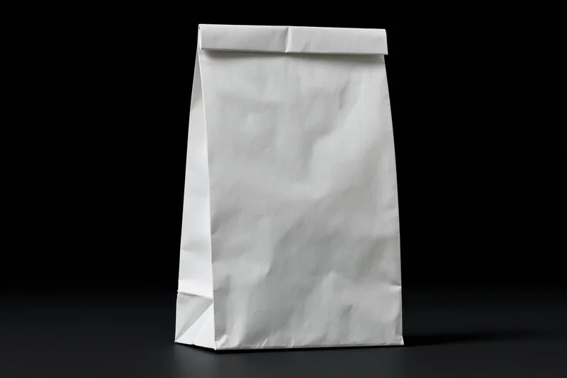Plain white paper bag standing upright on black surface