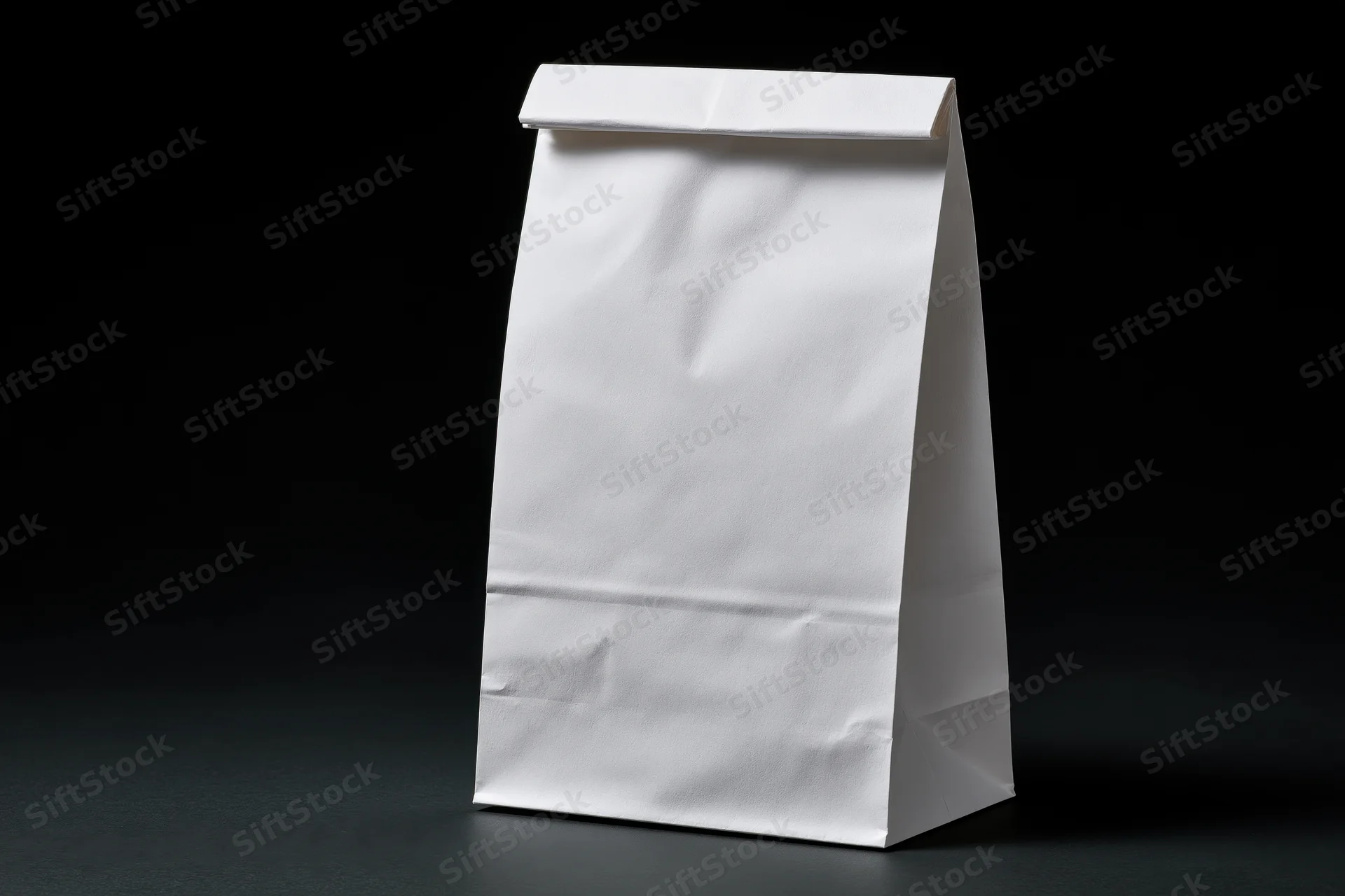 Plain white paper bag standing upright on dark surface with no text or branding