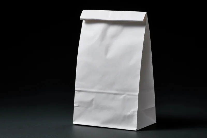 Plain white paper bag standing upright on dark surface with no text or branding