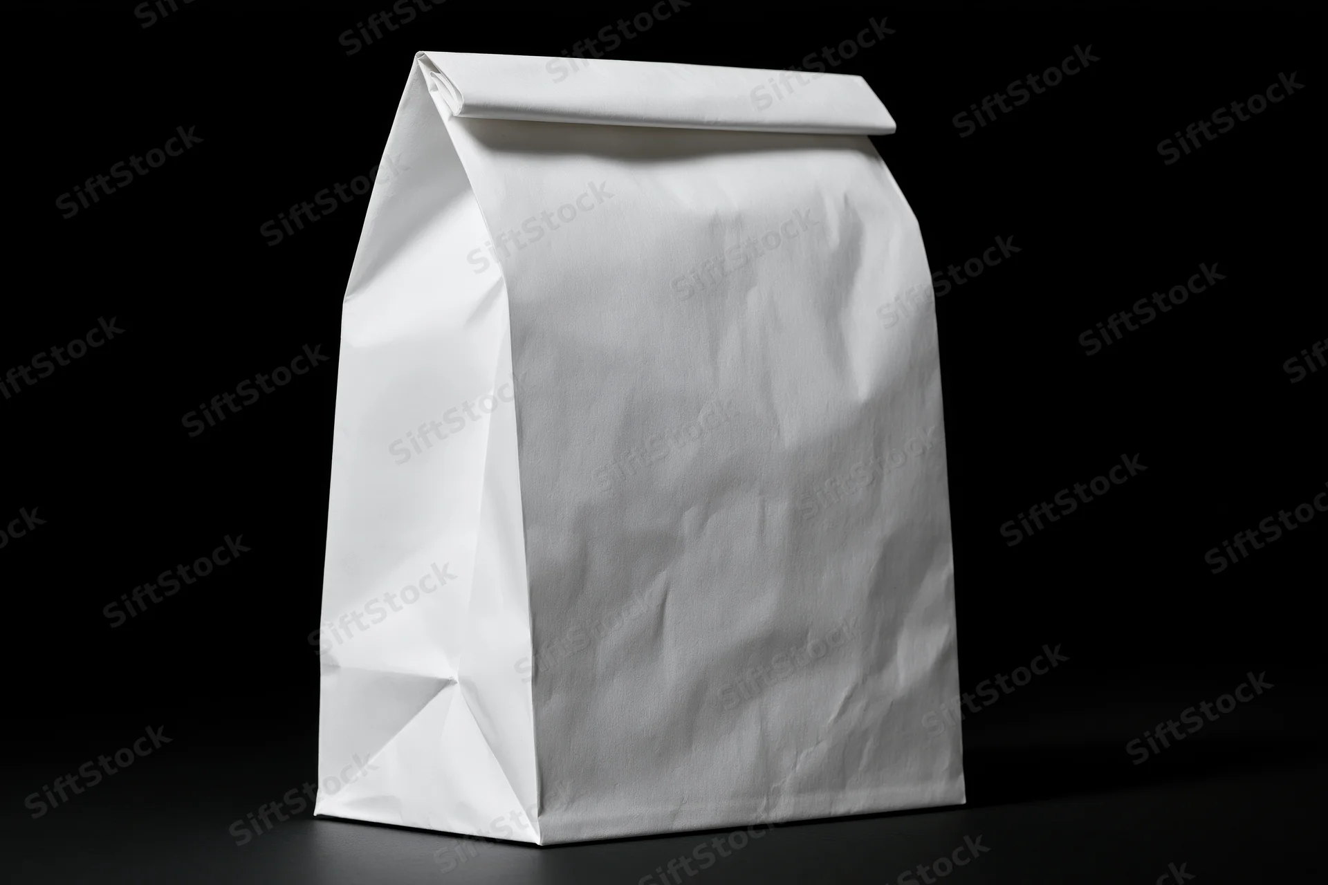 Plain white paper bag standing upright on black background