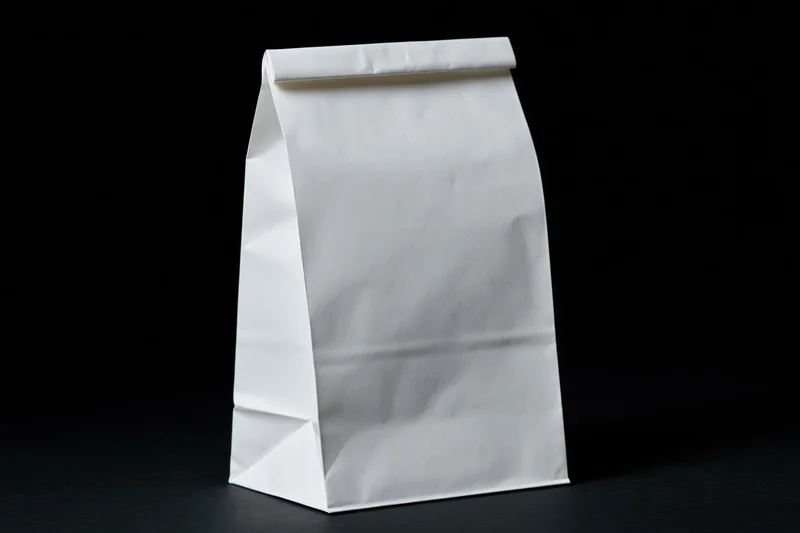 Plain white paper bag standing upright on black background