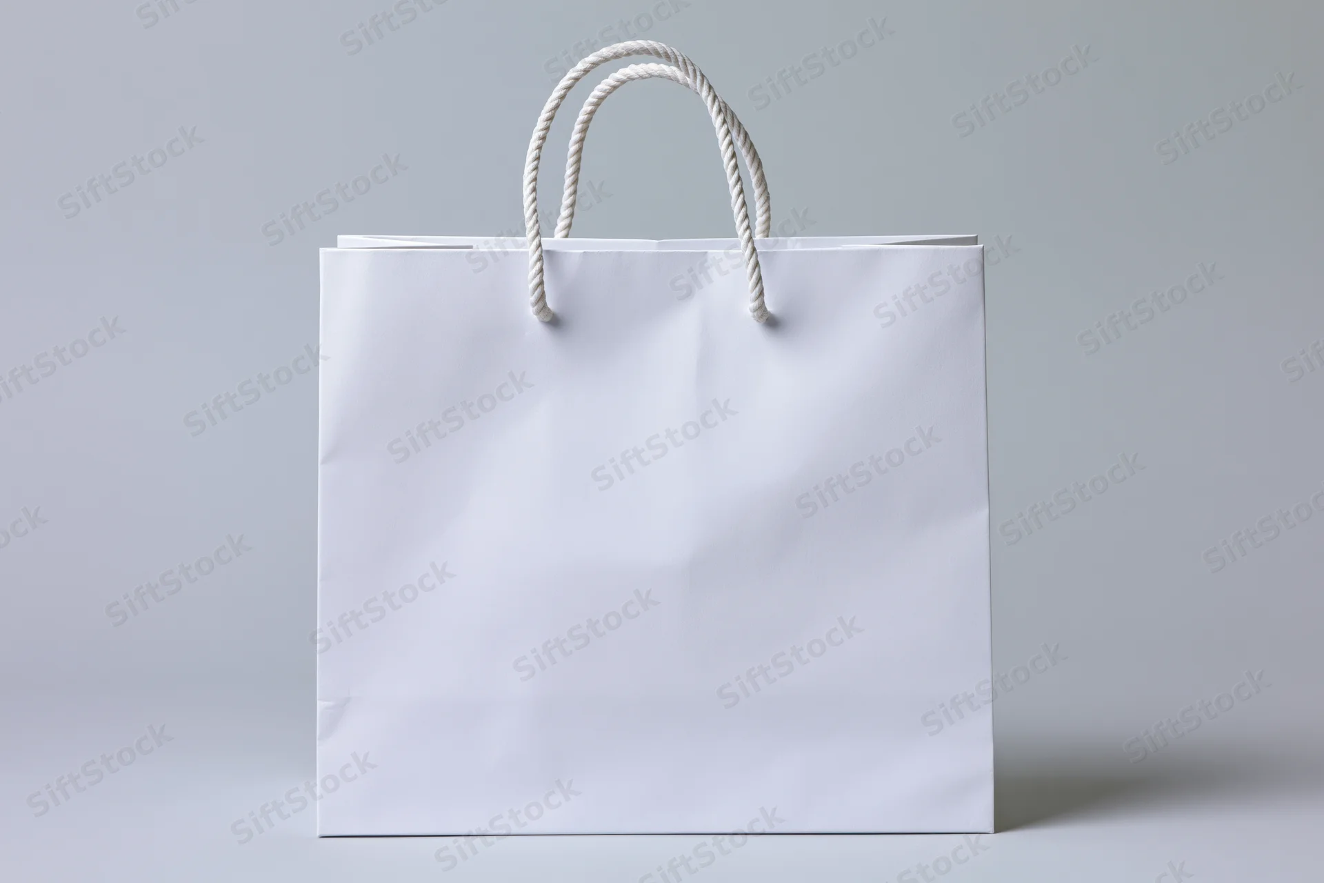 Plain white paper shopping bag with rope handles centered on a light gray background