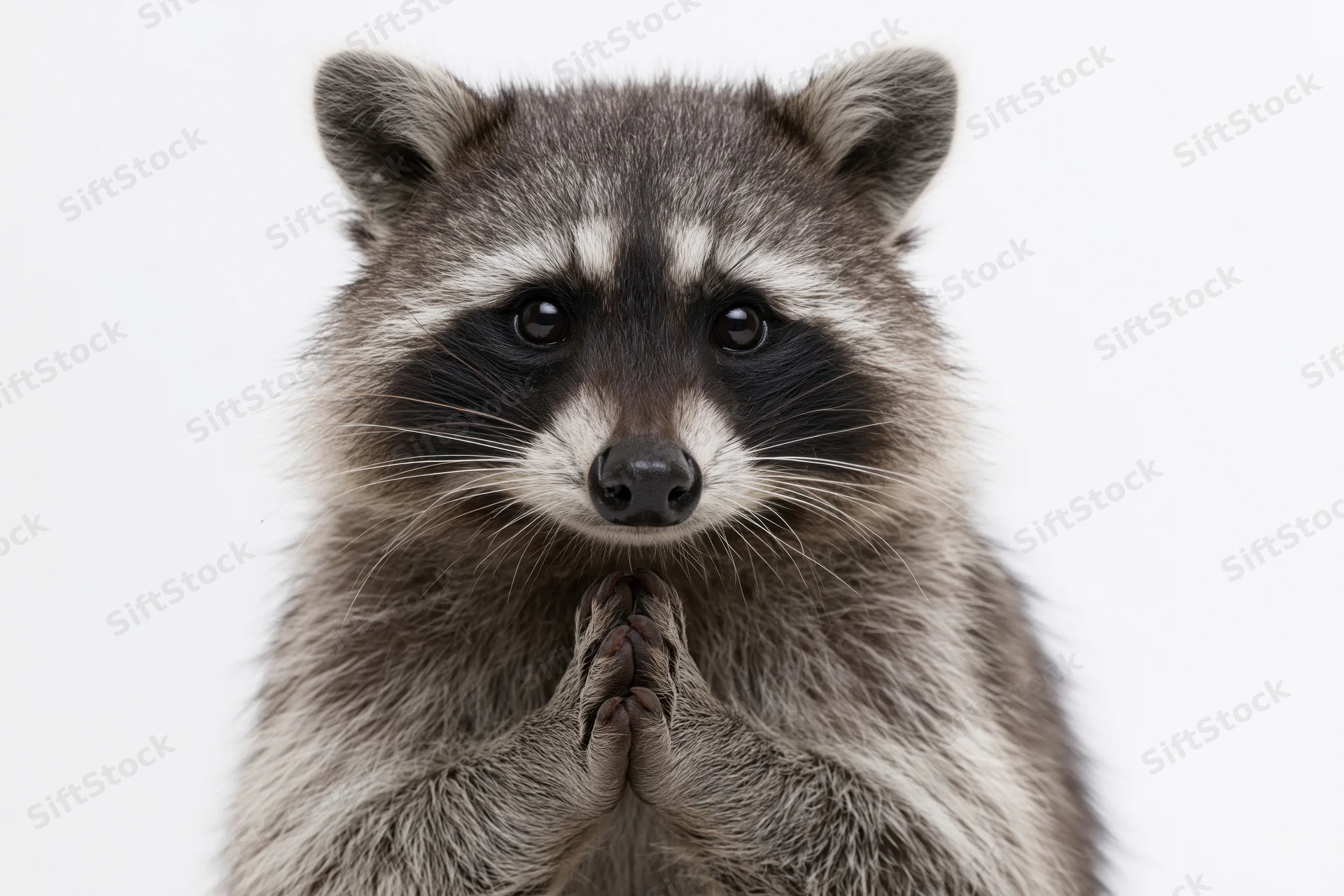 Raccoon with front paws clasped together facing camera in studio portrait