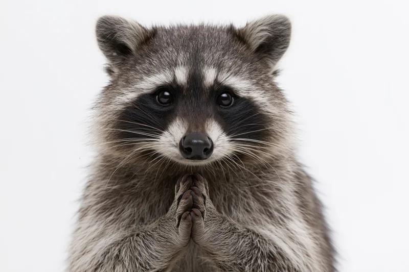 Raccoon with front paws clasped together facing camera in studio portrait