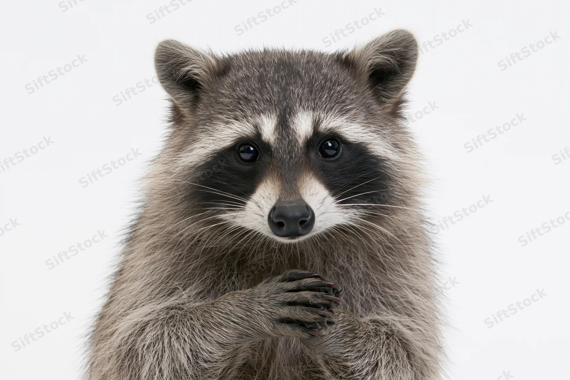 Raccoon facing camera with front paws clasped together in studio portrait