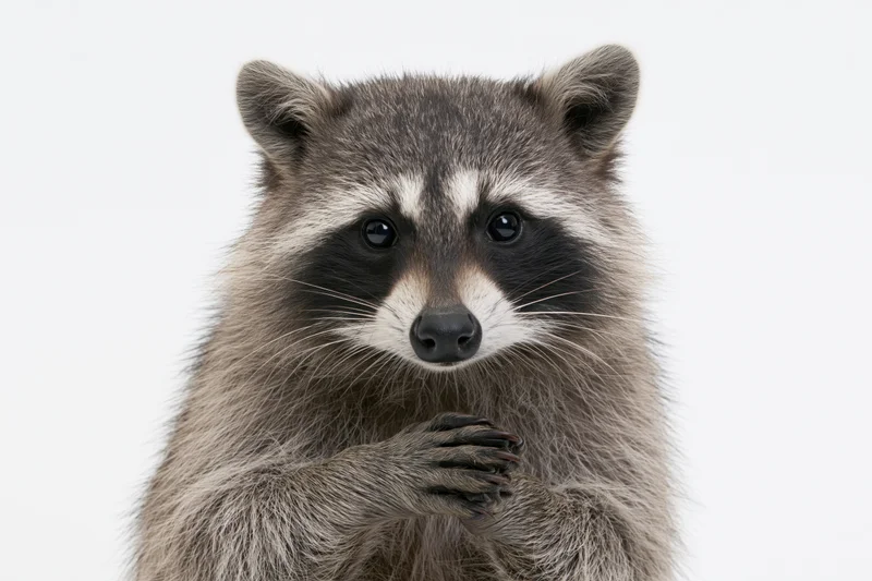 Raccoon facing camera with front paws clasped together in studio portrait
