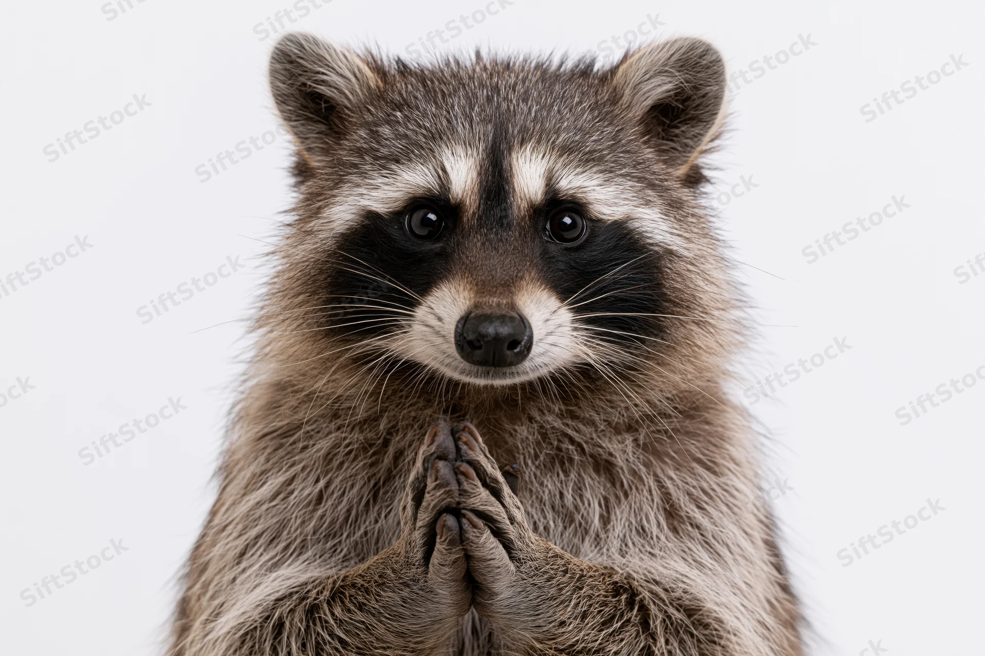 Raccoon facing camera with front paws clasped together in studio portrait