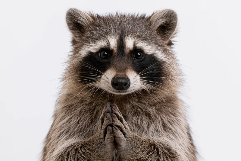 Raccoon facing camera with front paws clasped together in studio portrait