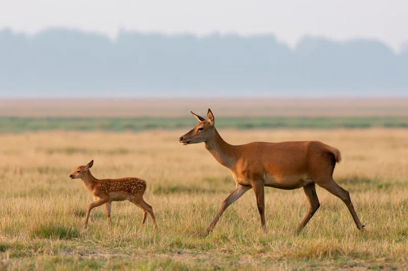 Doe and fawn walking alertly through a golden meadow
