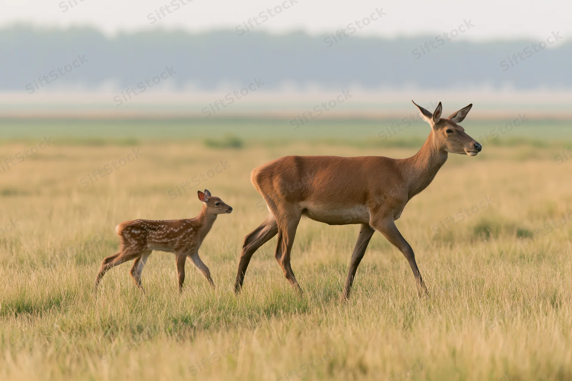 Doe and fawn walking through a grassy meadow in daylight