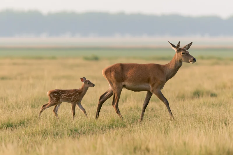 Doe and fawn walking through a grassy meadow in daylight