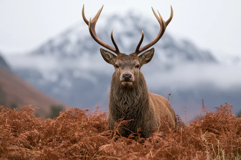 Red deer stag standing alert in fern-covered moorland with snow-capped mountains in the background