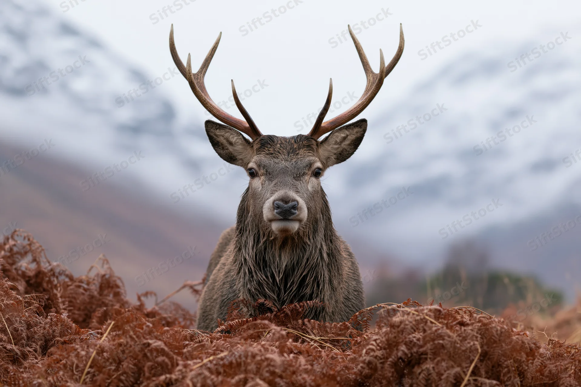 Red deer stag facing camera alert in snowy mountains among brown ferns