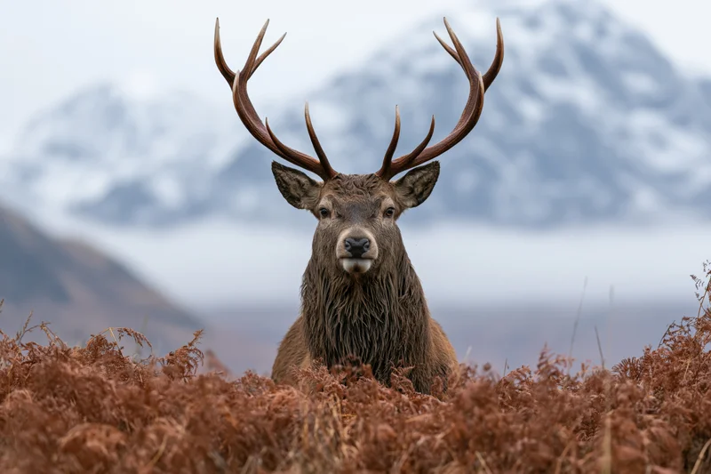 Red deer stag standing alert in ferns with snow-capped mountains behind