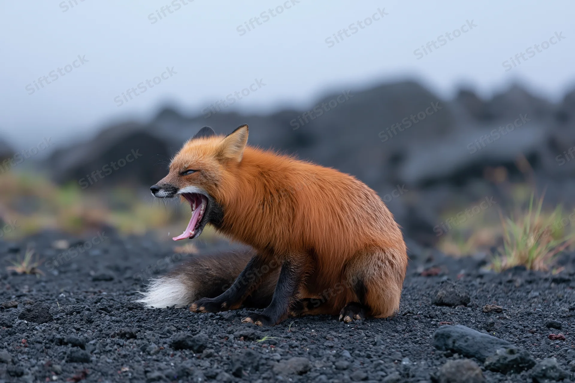 Red fox yawning with mouth wide open on dark volcanic ground