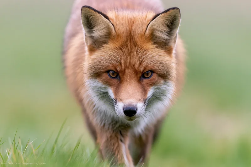 Red fox walking forward through grass staring directly at camera