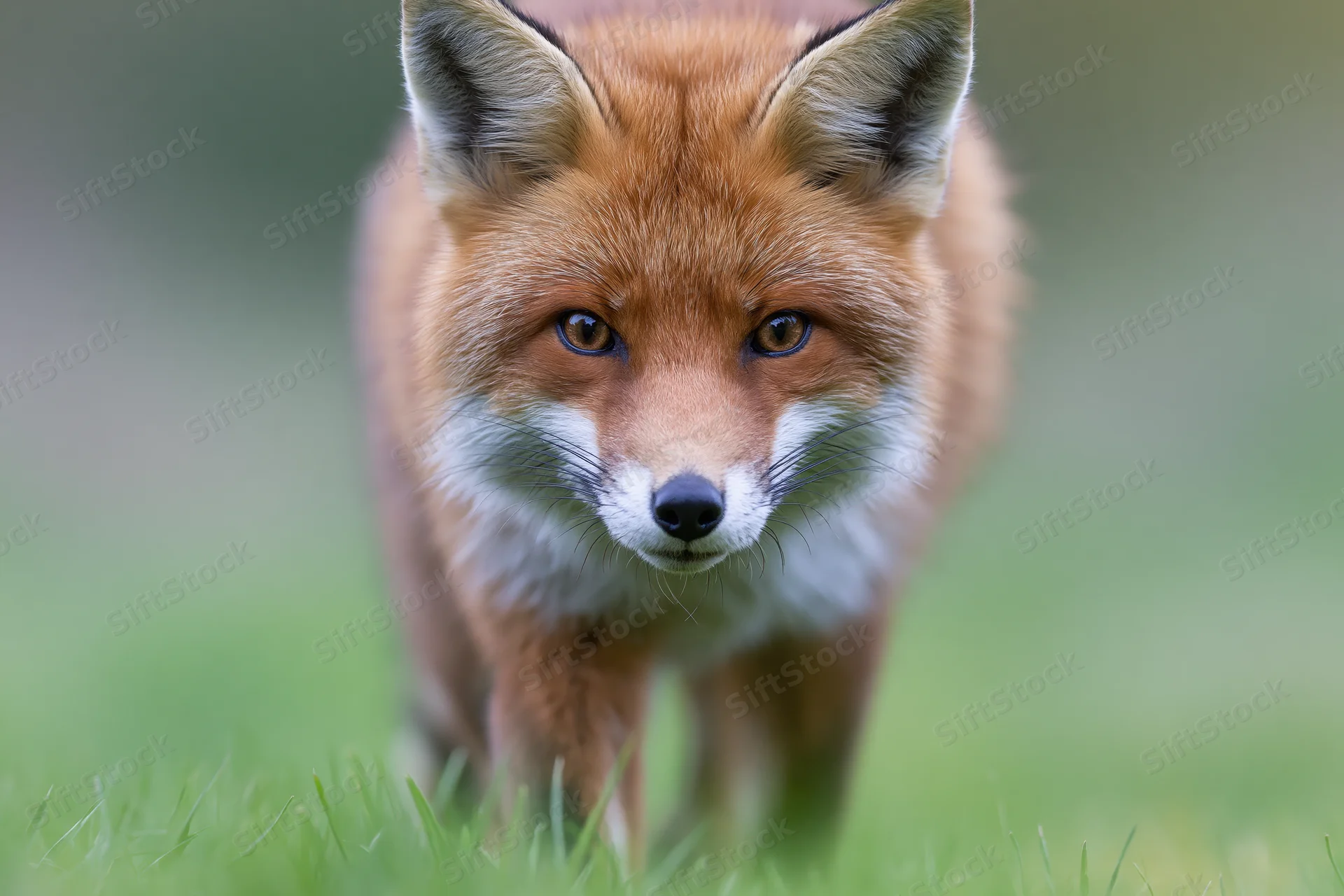 Red fox walking forward on grass staring directly at camera