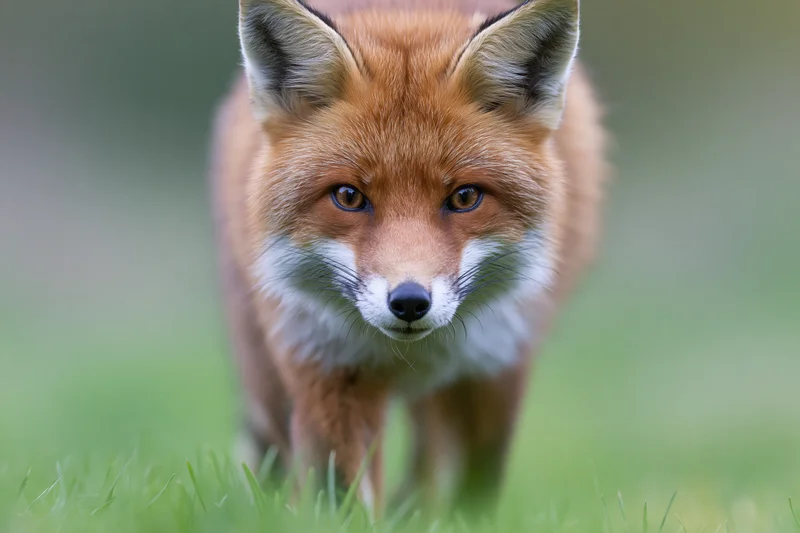 Red fox walking forward on grass staring directly at camera