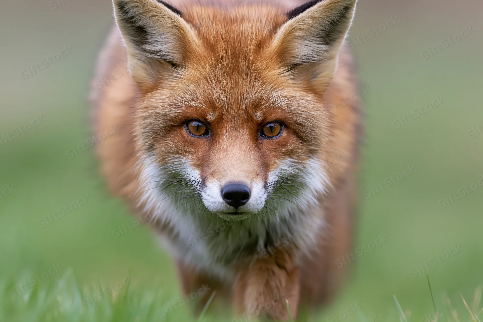 Red fox walking toward camera on grassy field, staring directly into lens