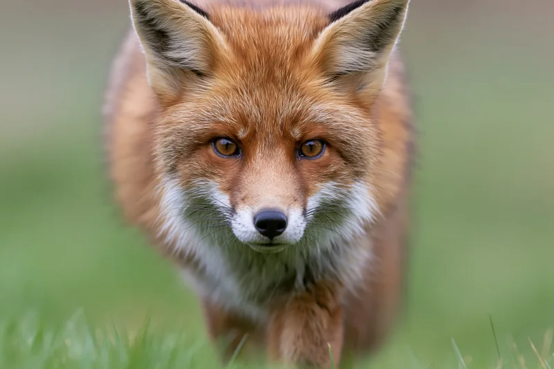 Red fox walking toward camera on grassy field, staring directly into lens