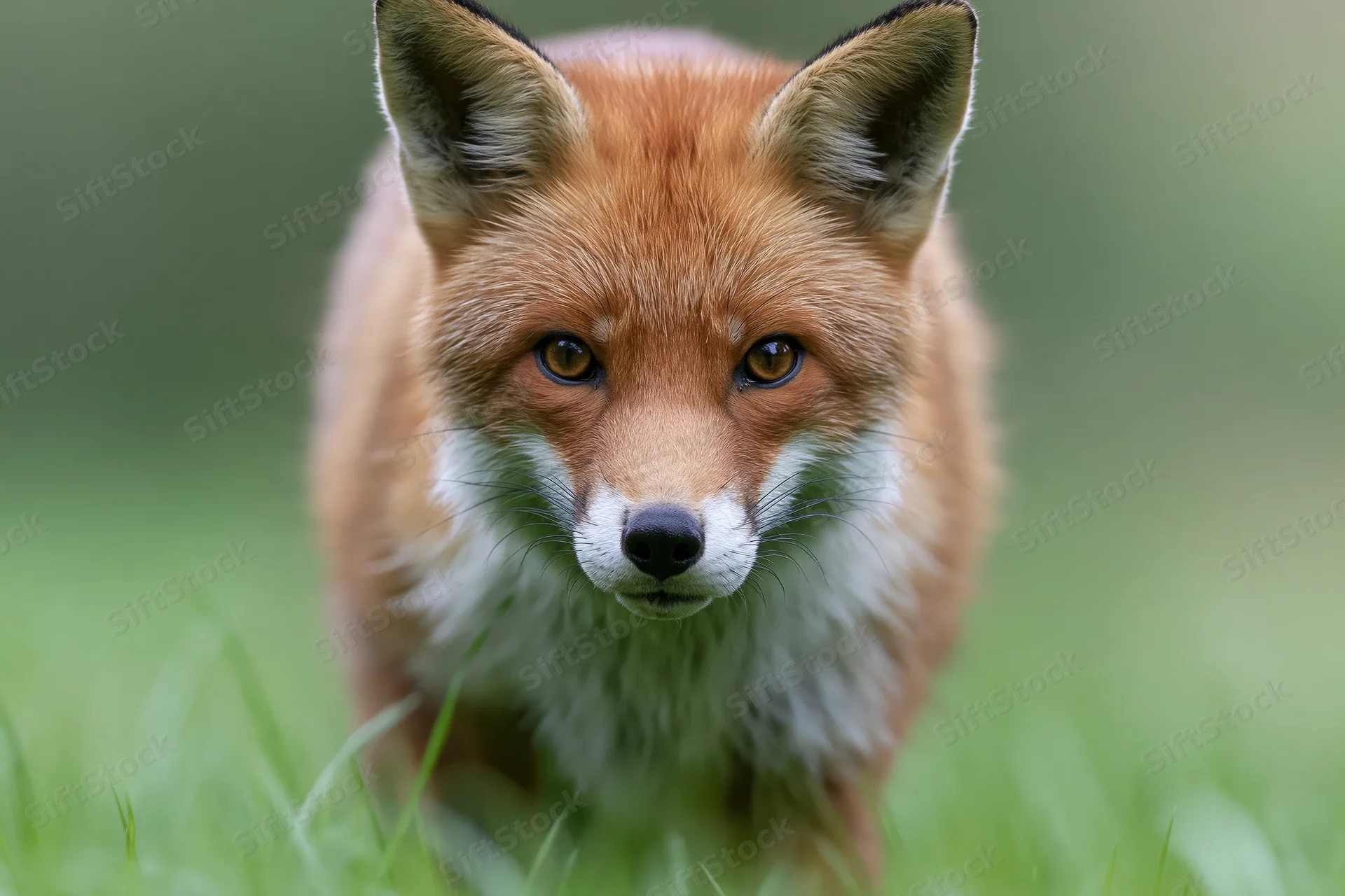 Red fox walking directly toward camera in grassy field, staring intently