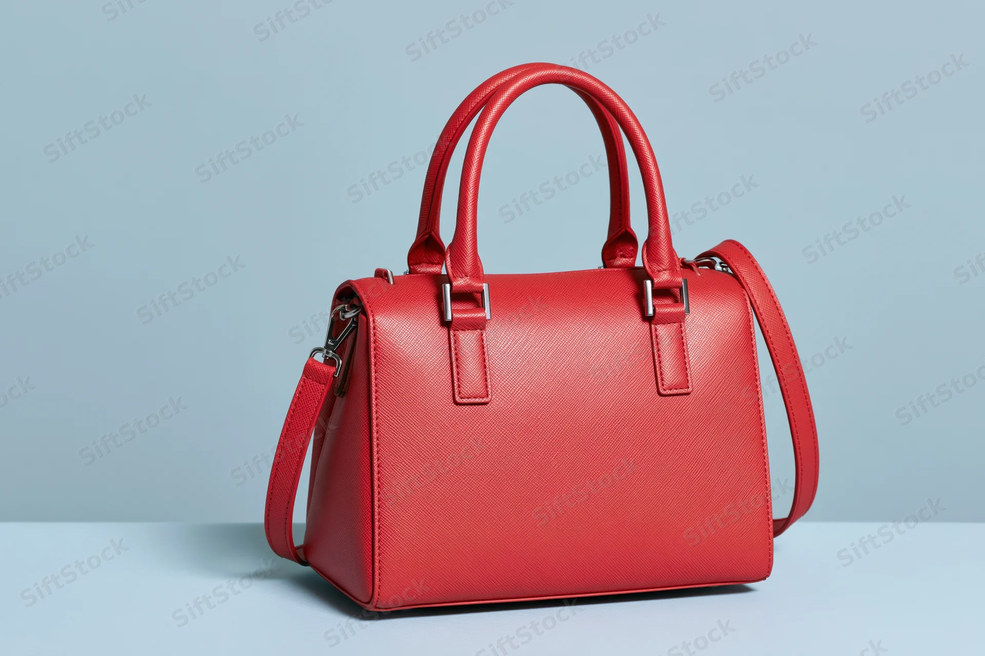 Red structured leather handbag with twin top handles on a light blue surface