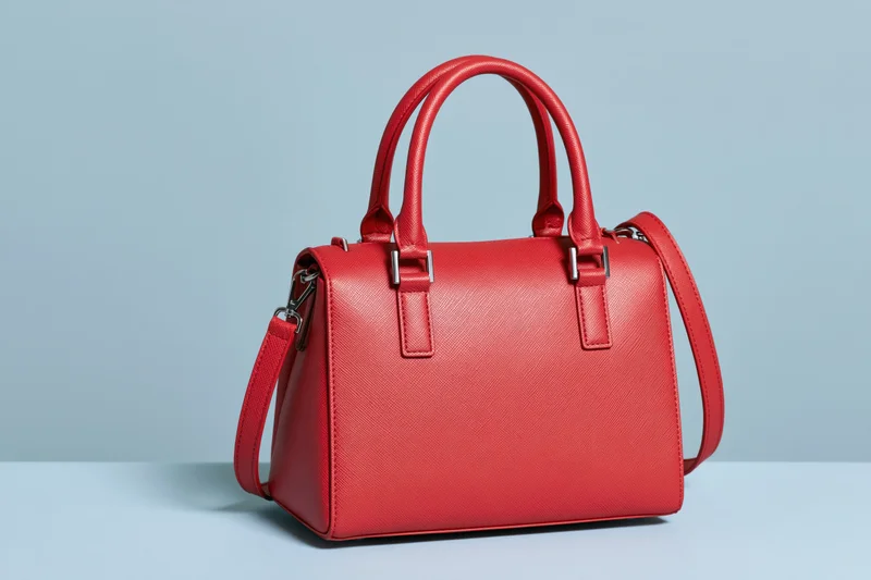 Red structured leather handbag with twin top handles on a light blue surface