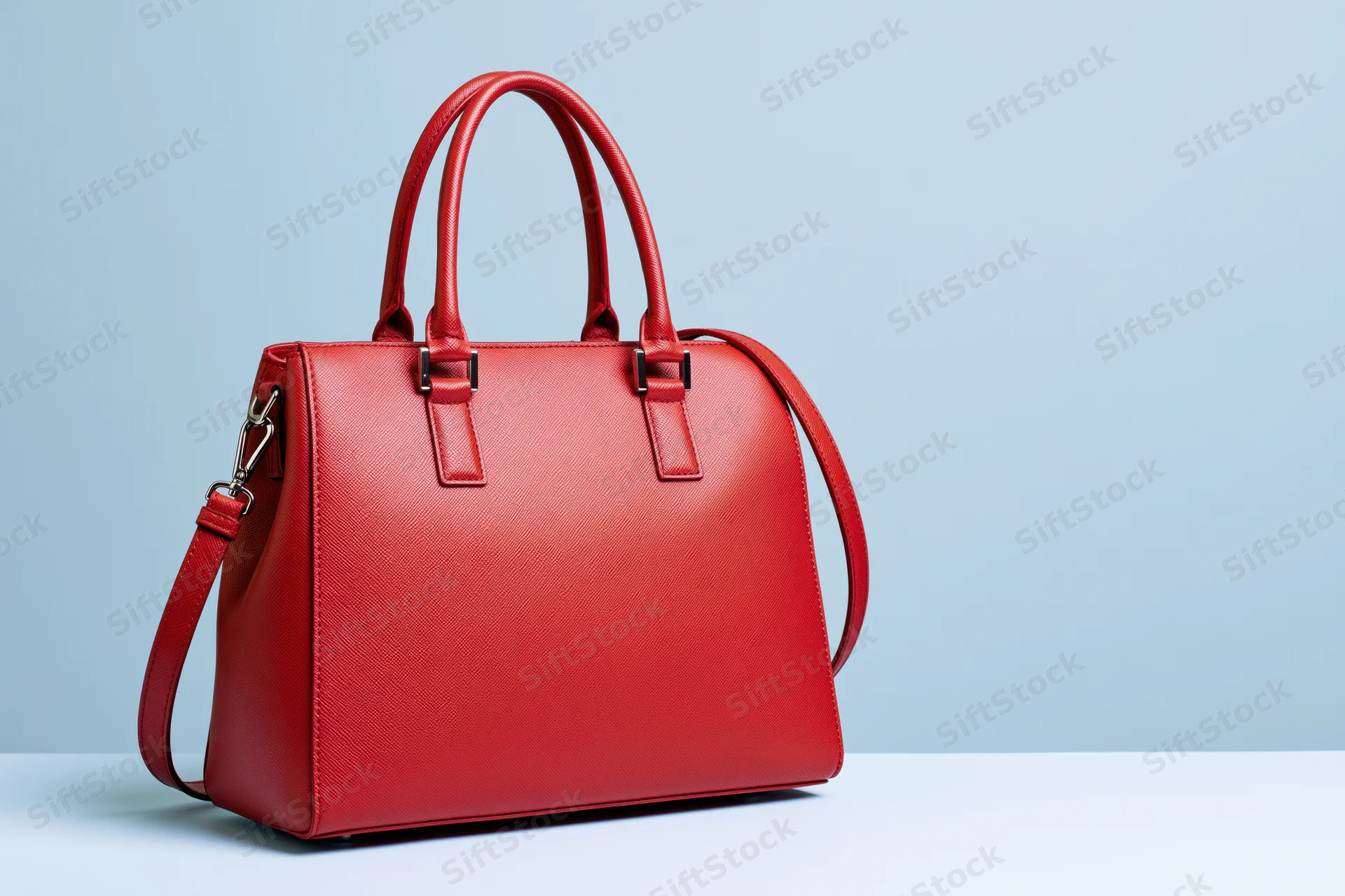 Red structured leather handbag with twin top handles and shoulder strap on light blue background