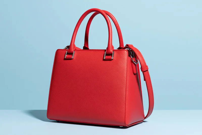 Red structured leather handbag with twin top handles and shoulder strap on light blue background