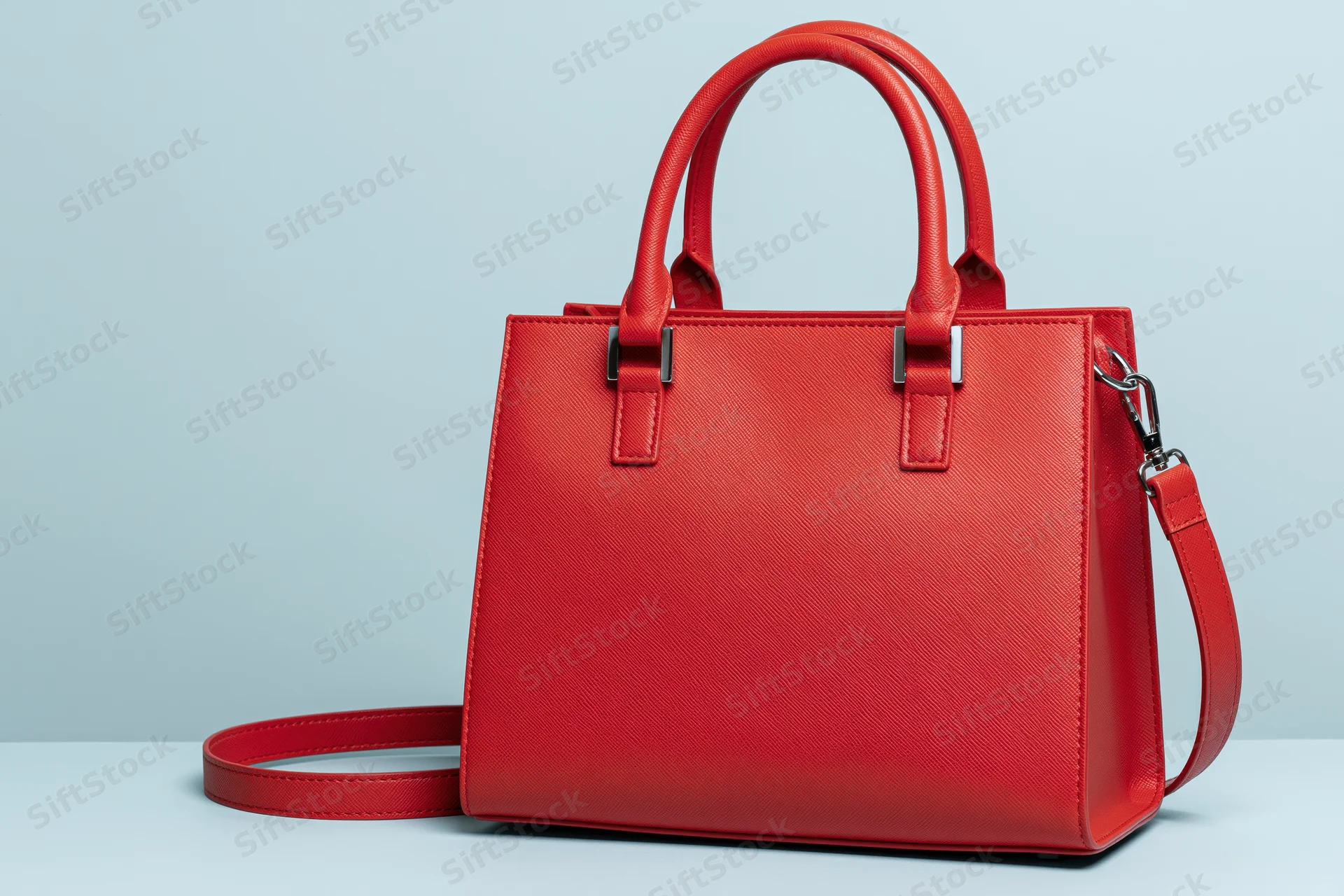 Red structured leather handbag with twin top handles and shoulder strap on light blue background