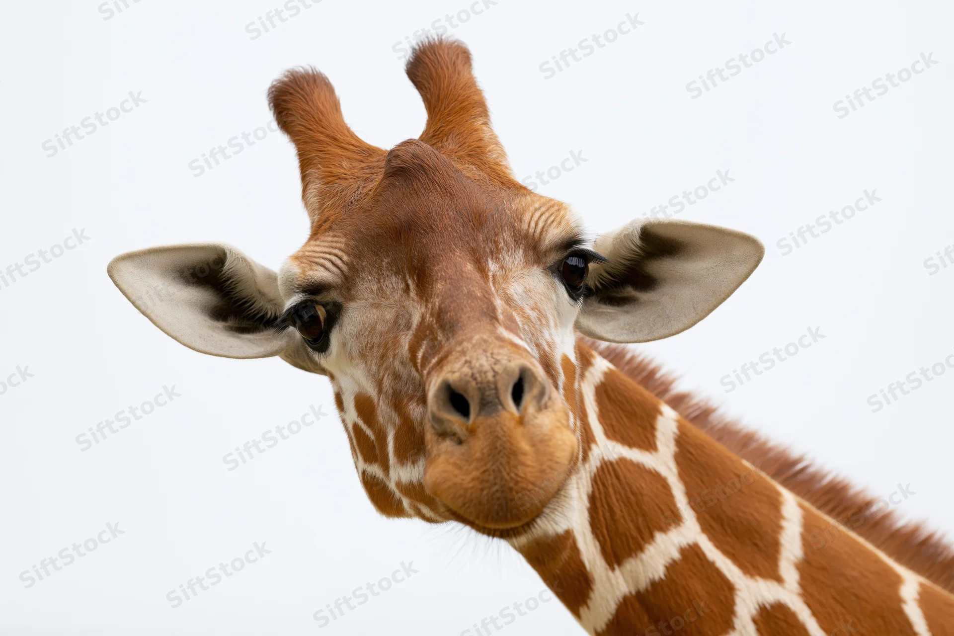 Reticulated giraffe head and neck angled diagonally against white background