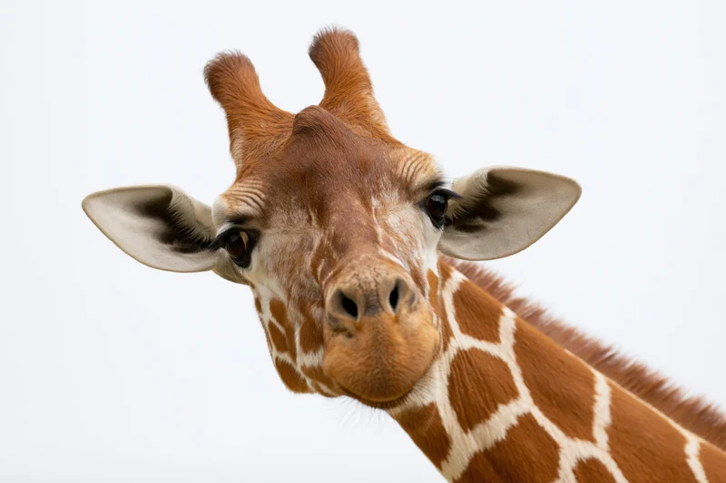 Reticulated giraffe head and neck angled diagonally against white background