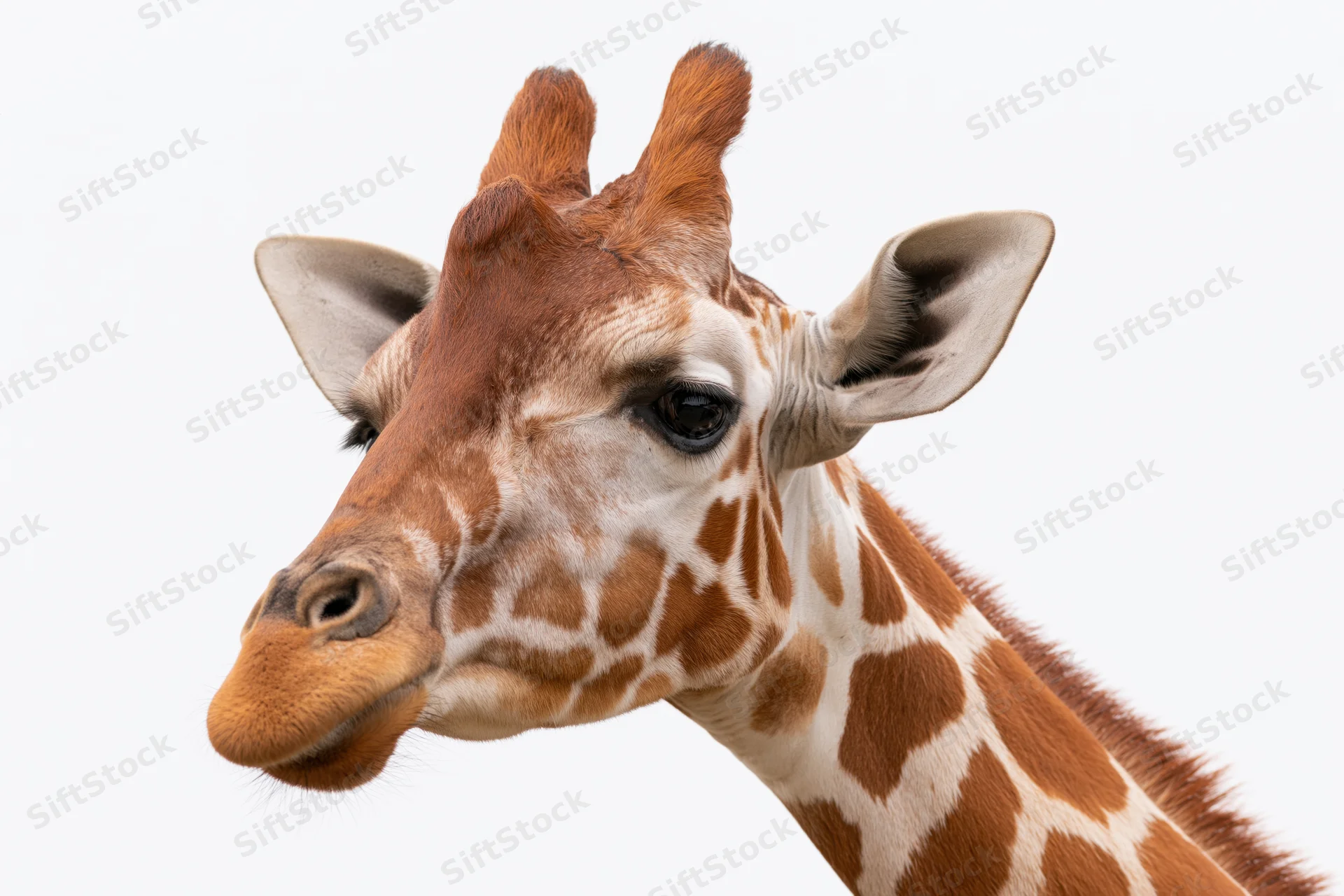 Reticulated giraffe head and neck in profile against white background