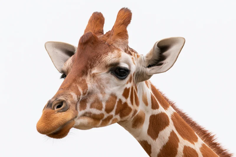 Reticulated giraffe head and neck in profile against white background